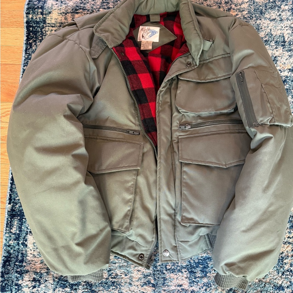 Classic Olive Men’s Bomber Jacket with Red Buffalo Plaid Lining